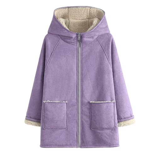 DGZTWLL Damen Retro Sherpa gefütterte Jacke, lange Ärmel, durchgehender Reißverschluss, modisch, Kunstfell, zottelig, vorne offen, Kunstpelz, Fleece-Mäntel, Damen 2023 Wintermäntel, Fleece, violett, von DGZTWLL