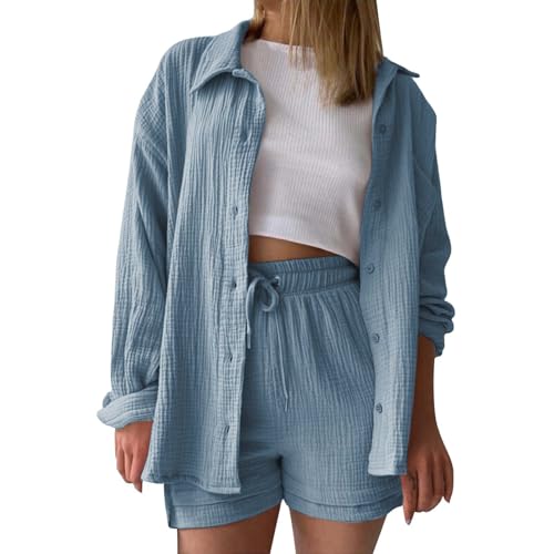 DGZTWLL Damen-Set mit Langarmhemden und Shorts 2-teilig Sommer lässige Mode lockere Passform weiche Streetwear für den Alltag Damen-Musselin-Bluse Hose von DGZTWLL