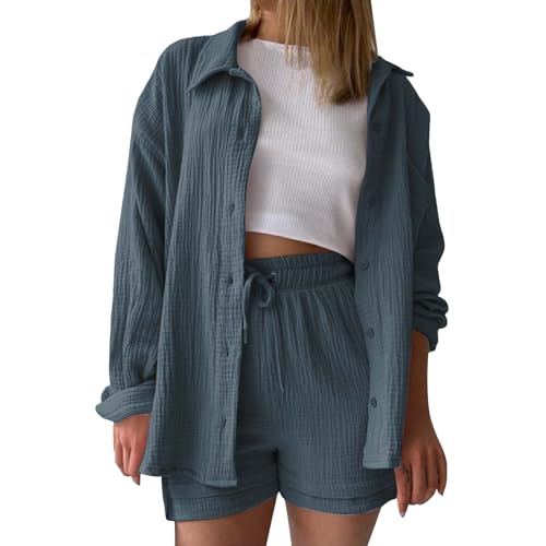 DGZTWLL Damen-Set mit Langarmhemden und Shorts 2-teilig Sommer lässige Mode lockere Passform weiche Streetwear für den Alltag Damen-Musselin-Bluse Hose von DGZTWLL