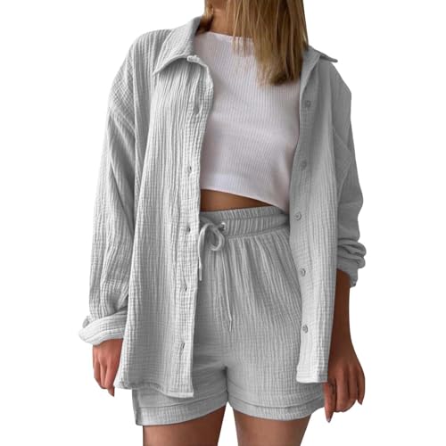 DGZTWLL Damen-Set mit Langarmhemden und Shorts 2-teilig Sommer lässige Mode lockere Passform weiche Streetwear für den Alltag Damen-Musselin-Bluse Hose DGZTWLL Damen-Set mit Langarmhemden und Shorts 2-teilig Sommer lässige Mode lockere Passform weiche Streetwear für den Alltag Damen-Musselin-Bluse Hose von DGZTWLL