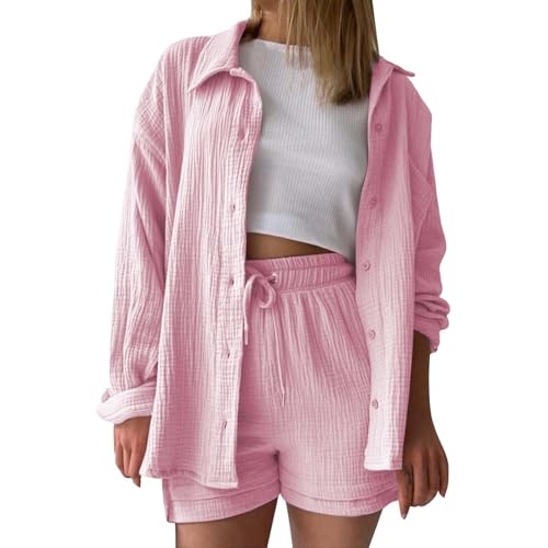DGZTWLL Damen-Set mit Langarmhemden und Shorts 2-teilig Sommer lässige Mode lockere Passform weiche Streetwear für den Alltag Damen-Musselin-Bluse Hose von DGZTWLL