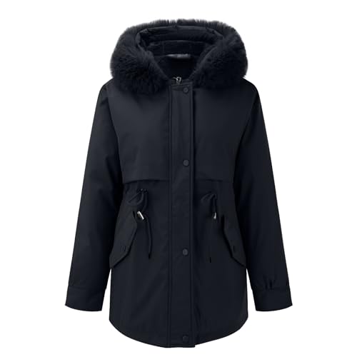 DGZTWLL Frauen Fleece Gefüttert Parka Jacke, Plus Größe Mode Horn Knopf Warme Wintermäntel Mittelgewicht Mantel Outwear Tasche Regen Mäntel Für Frauen, Schwarz , 50 von DGZTWLL