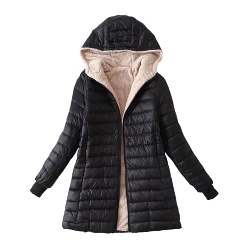 DGZTWLL Frauen Fleece Gefüttert Parka Jacke, Winddicht Packbar Warm Cropped Puffer Mäntel Mittelgewicht Gepolsterte Outwear mit Taschen Puffer Weste Mode 2023, Schwarz , 46 von DGZTWLL