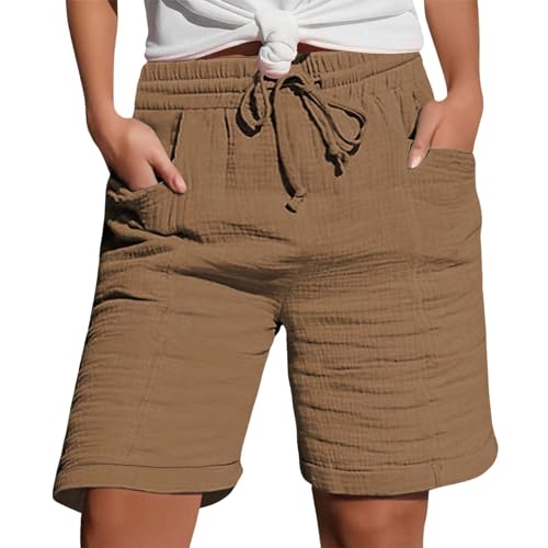 DGZTWLL Musselin Kurze Hose Stretch Gerades Bein Kordelzug Leinenhose Strand Mit Taschen Mode Lässige Freizeit Stoffhose Damen Bermuda Sommer Kurze Hose Für Die Shorts Damen Leinen von DGZTWLL