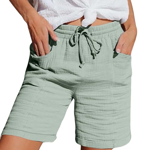 DGZTWLL Musselin Kurze Hose Stretch Gerades Bein Kordelzug Leinenhose Strand Mit Taschen Mode Lässige Freizeit Stoffhose Damen Bermuda Sommer Kurze Hose Für Die Shorts Damen Leinen von DGZTWLL
