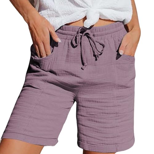 DGZTWLL Musselin Kurze Hose Stretch Gerades Bein Kordelzug Leinenhose Strand Mit Taschen Mode Lässige Freizeit Stoffhose Damen Bermuda Sommer Kurze Hose Für Die Shorts Damen Leinen von DGZTWLL