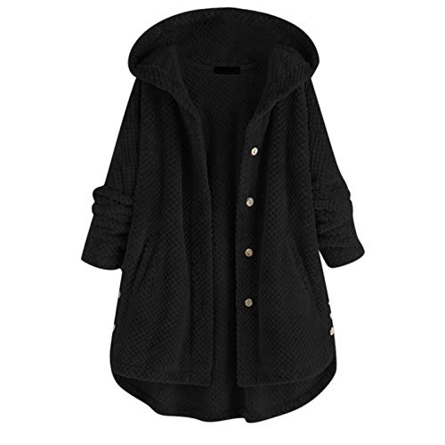 DGZTWLL Sherpa-Jacke für Damen, mit Kapuze, warm, Knopfleiste, modisch, ultraweich, bequem, flauschig, Fleece, Teddy-Mäntel, Oberbekleidung, schwarze Jacken für Damen, A1-schwarz, 54 von DGZTWLL