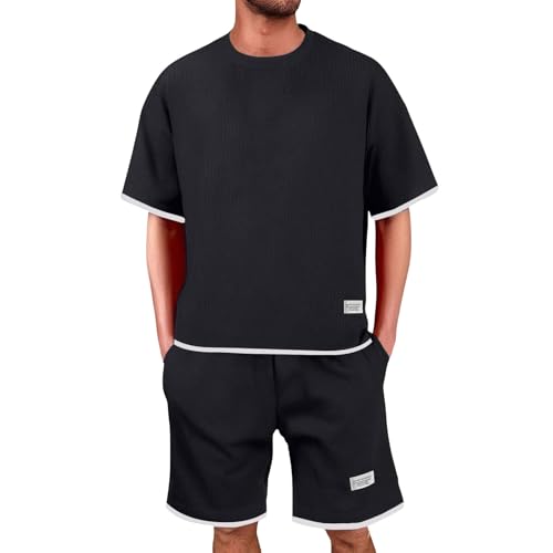 DGZTWLL Waffle Jogginganzug Herren Sommer Outfit Zweiteiler Trainingsanzug 11 Teiler Fitness Kleidung Kurz Freizeitanzug Hemd Und Shorts Set Sportanzug Sommeranzug von DGZTWLL