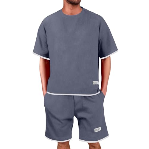 DGZTWLL Waffle Jogginganzug Herren Sommer Outfit Zweiteiler Trainingsanzug 30 Teiler Fitness Kleidung Kurz Freizeitanzug Hemd Und Shorts Set Sportanzug Sommeranzug von DGZTWLL