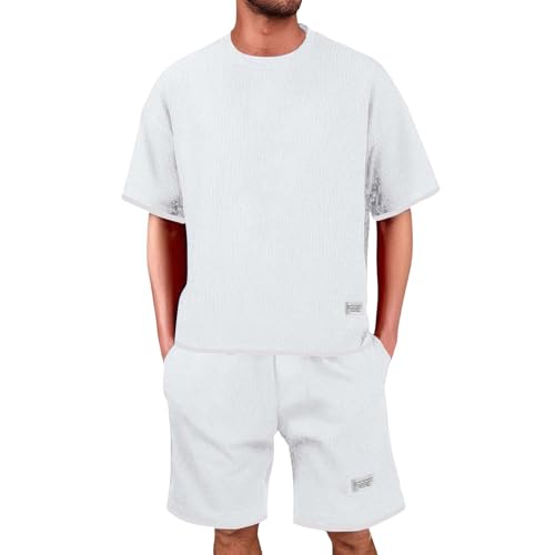 DGZTWLL Waffle Jogginganzug Herren Sommer Outfit Zweiteiler Trainingsanzug 47 Teiler Fitness Kleidung Kurz Freizeitanzug Hemd Und Shorts Set Sportanzug Sommeranzug von DGZTWLL