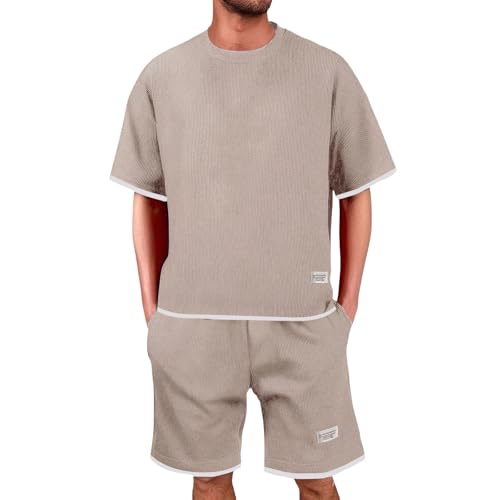 DGZTWLL Waffle Jogginganzug Herren Sommer Outfit Zweiteiler Trainingsanzug 7 Teiler Fitness Kleidung Kurz Freizeitanzug Hemd Und Shorts Set Sportanzug Sommeranzug von DGZTWLL