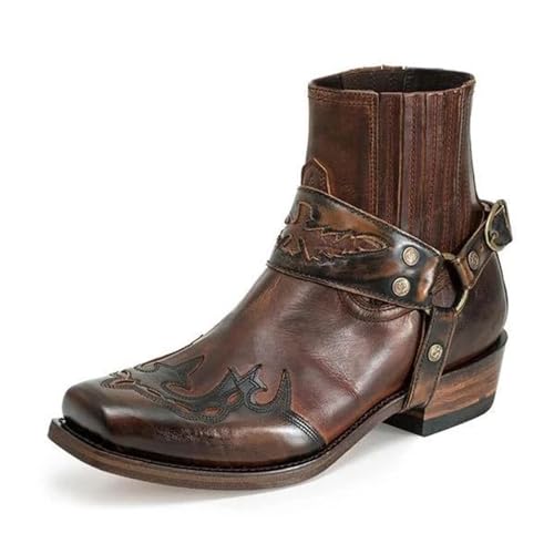 Cowboystiefel for Herren Leder quadratische Zehenpartie rutschfeste verschleißfeste Außensohle modische Retro-Klassiker Unisex-Stiefeletten for Anziehen Westernstiefel (Color : Dark brown, Size : 47 von DHAEY