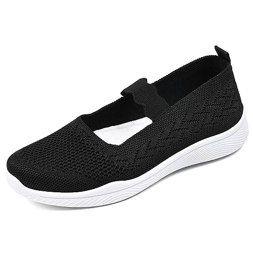 DHAEY Damen-Mesh-Flachschuhe, weiche Sohle, atmungsaktiv, mit Fußgewölbeunterstützung, gestrickt, Freizeitschuhe, bequem, lässig, modisch, Sneaker, Wanderschuhe (Color : Black, Size : 36 EU) von DHAEY