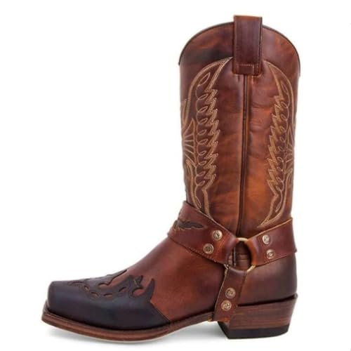 DHAEY Herren-Westernstiefel Unisex-Stiefel mit mittlerer Wade bequeme lässige Reitstiefel modisch bestickt quadratische Zehenpartie Blockabsatz Nähte Country-Stiefel (Color : Brown, Size : 40 EU) von DHAEY