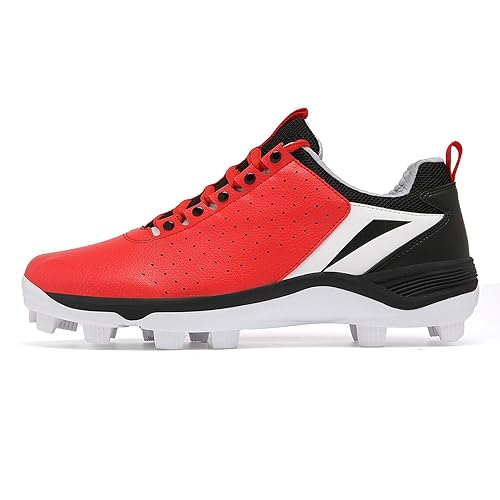 Herren Damen Baseball-Softball-Schuhe, leicht, atmungsaktiv, for Schnüren, bequem, Outdoor-Trainer, professionelle rutschfeste Baseball-Stollen, Herren-Turf-Schuhe (Color : White red Black, Size : 4 von DHAEY