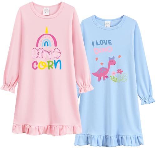 DHASIUE Baumwolle Nachthemd für Mädchen Dinosaur Flatterärmel Baumwolle Schlafanzug Kleid Herbst Nightdress 7 8 Jahre Gr.128 von DHASIUE