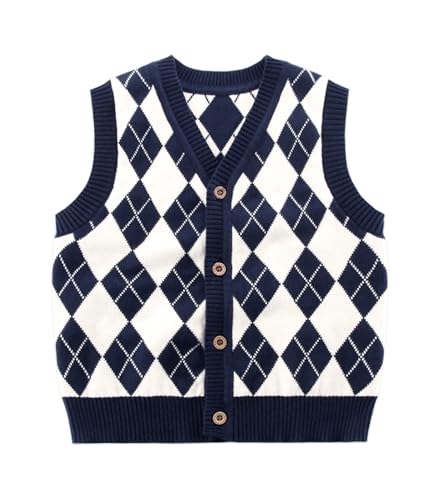 DHASIUE Jungen Karierten Pullover Weste Knopf Pullover Strickjacke Kinder Winter Schule Strickweste Blaues Gitter ärmellose Sweater Baumwolle Tops 9 10 Jahre Gr.134 von DHASIUE