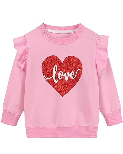 DHASIUE Kleinkind Mädchen Valentinstag Sweatshirts Rosa Baumwolle Glitzeraufdruck Herz Pullover Ruffle Langarm Kinder Mädchen Kleidung Rosa Winter Urlaub Shirts Tops Glitzer Herz 4-5 Jahre von DHASIUE