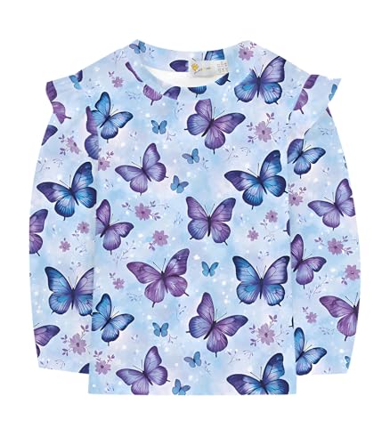 DHASIUE Mädchen Langarmshirt Blau Lila Schmetterling Longsleeve Tshirt Kinder Winter Casual 4 5 Jahre Langarm Shirt Muster Pullover Rüsche Kurzarm Bluse Tops Gr.110 von DHASIUE