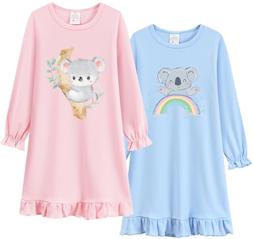 DHASIUE Mädchen Nachthemden Koala Regenbogen Pyjamas Schlafanzug Kleinkind Nachthemd Schlafkleid Kleidung 8 9 Jahre Gr.128 von DHASIUE