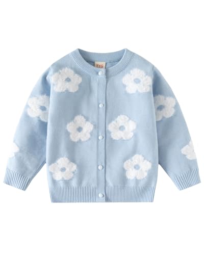 DHASIUE Mädchen Strickjacke Blumen Baumwolle Lange Ärmel Knitted Kinder Cardigan mit Knöpfen Hellblau 7-8 Jahre Gr.122/128 von DHASIUE