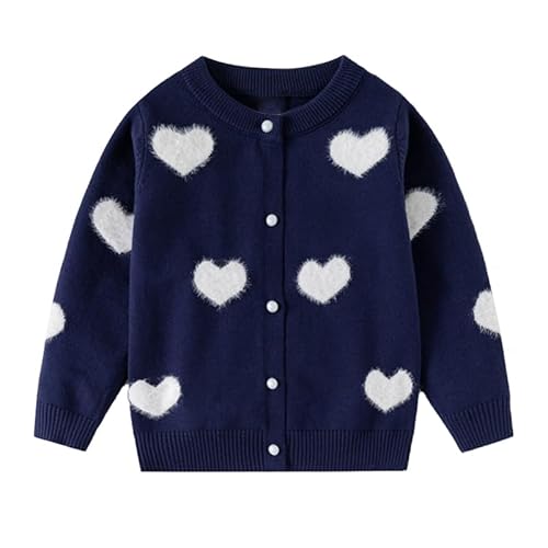 DHASIUE Mädchen Strickjacke Herz Baumwolle Knitted Kinder Langarm Cardigan mit Knöpfen Marineblau 3-4 Jahre Gr.98/104 von DHASIUE