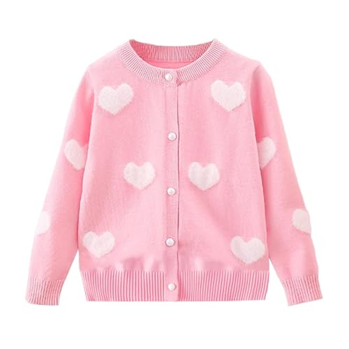 DHASIUE Mädchen Strickjacke Herz Baumwolle Lange Ärmel Knitted Kinder Cardigan mit Knöpfen Rosa 7-8 Jahre Gr.122/128 von DHASIUE