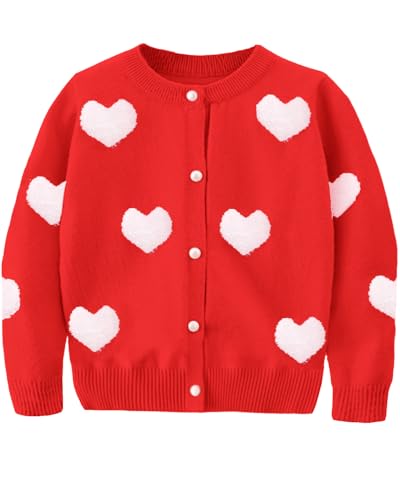DHASIUE Mädchen Strickjacke Herz Baumwolle Lange Ärmel Knitted Kinder Cardigan mit Knöpfen Rot 7-8 Jahre Gr.122/128 von DHASIUE