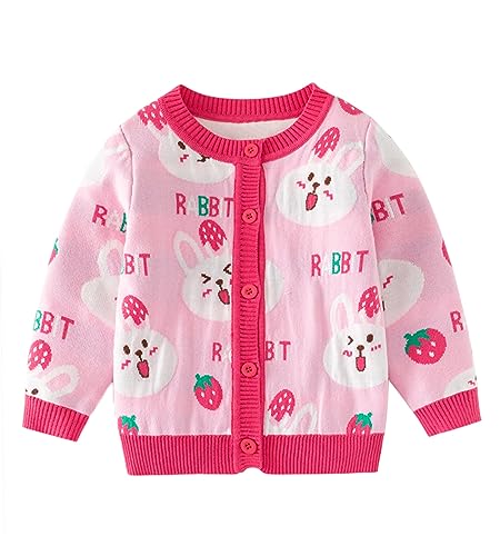 DHASIUE Mädchen Strickjacke Niedliche Erdbeere Hase Druck Rundhalsausschnitt Langarm Pullover Baumwolle gestrickt Pullover mit Knöpfen Rosa 4-5 Jahre Gr.104/110 von DHASIUE