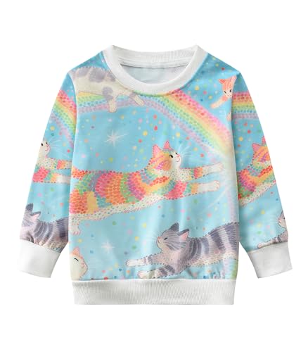 DHASIUE Sweatshirt Mädchen Langarmshirt Regenbogen Katzen Pullover Kinder Winter Shirts Baumwolle Tops Hellblau 7-8 Jahre Gr.128 von DHASIUE