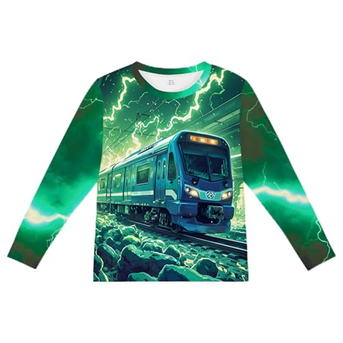 Langarmshirt Jungen Winter Blau Zug Pullover Longsleeve Tshirt Zug Blitz Kinder Langarm Shirt 9 10 Jahre 3D Grafik Baumwolle Tops Grün Gr.134 von DHASIUE