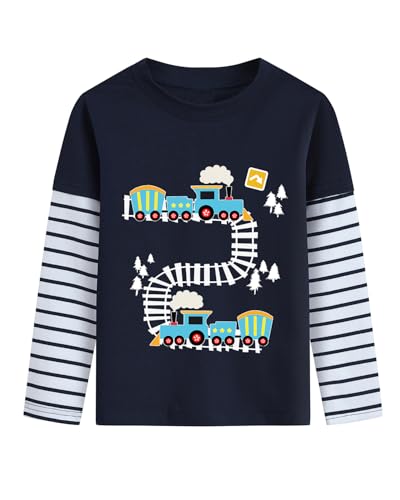 Langarmshirt Jungen Winter Der Blaue Zug Pullover Longsleeve Tshirt Kinder Langarm Shirt 3 4 Jahre Gestreifte Ärmel Baumwolle Tops Dunkelblau Gr.104 von DHASIUE