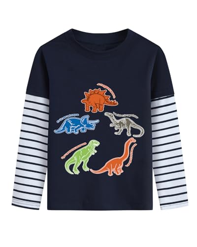 Langarmshirt Jungen Winter Dinosaurier Pullover Longsleeve Tshirt Kinder Dino Langarm Shirt 6 7 Jahre Gestreifte Ärmel Baumwolle Tops Dunkelblau Gr.122 von DHASIUE