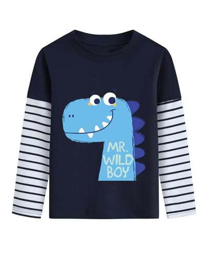 Langarmshirt Jungen Winter Dinosaurier Pullover Longsleeve Tshirt Kinder Langarm Shirt 2 3 Jahre Gestreifte Ärmel Baumwolle Tops Dunkelblau Gr.98 von DHASIUE