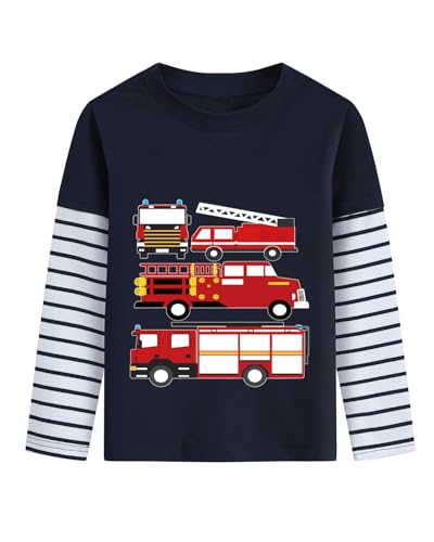 Langarmshirt Jungen Winter Feuerwehrfahrzeug Pullover Longsleeve Tshirt Kinder Langarm Shirt 4 5 Jahre Gestreifte Ärmel Baumwolle Tops Dunkelblau Gr.110 von DHASIUE