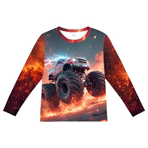 Langarmshirt Jungen Winter Monster Truck Pullover Truck Flamme Longsleeve Tshirt 3D Grafik Kinder Langarm Shirt 6 Jahre Baumwolle Tops Lava Gr.116 von DHASIUE