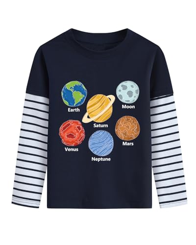 Langarmshirt Jungen Winter Planet Pullover Longsleeve Tshirt Kinder Langarm Shirt 4 5 Jahre Gestreifte Ärmel Baumwolle Tops Dunkelblau Gr.110 von DHASIUE
