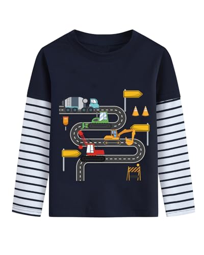 Langarmshirt Jungen Winter Traktor Bagger Kran Pullover Longsleeve Tshirt Kinder Langarm Shirt 6 7 Jahre Gestreifte Ärmel Baumwolle Tops Dunkelblau Gr.122 von DHASIUE