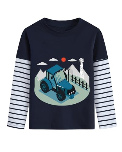 Langarmshirt Jungen Winter Zugmaschine Pullover Longsleeve Tshirt Kinder Langarm Shirt 2 3 Jahre Gestreifte Ärmel Baumwolle Tops Dunkelblau Gr.98 von DHASIUE