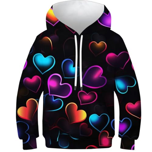 DHBANEIOK Bunte Liebe Unisex Hoodie Herren Damen Kapuzenpullover 3D Druck Neuheit Pullover Langarm Drawstring Sweatshirt 11-13Y von DHBANEIOK