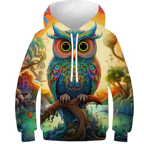 DHBANEIOK Eule 3D Hoodie Kinder Jungen Mädchen Lustig Kapuzenpullover Langarm Sweatshirt Pullover 6-14 Jahre 13-15Y von DHBANEIOK