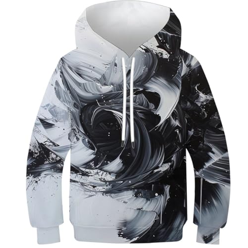 DHBANEIOK Schwarze und weiße abstrakte Kunst 3D Hoodie Kinder Jungen Mädchen Lustig Kapuzenpullover Langarm Sweatshirt Pullover 6-14 Jahre 10-12Y von DHBANEIOK
