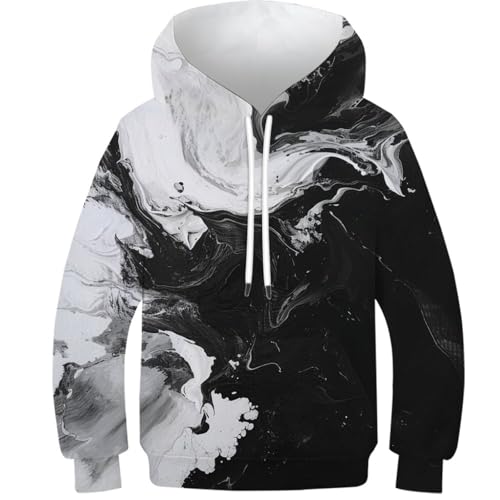 DHBANEIOK Schwarze und weiße abstrakte Kunst 3D Hoodie Kinder Jungen Mädchen Lustig Kapuzenpullover Langarm Sweatshirt Pullover 6-14 Jahre 13-15Y von DHBANEIOK