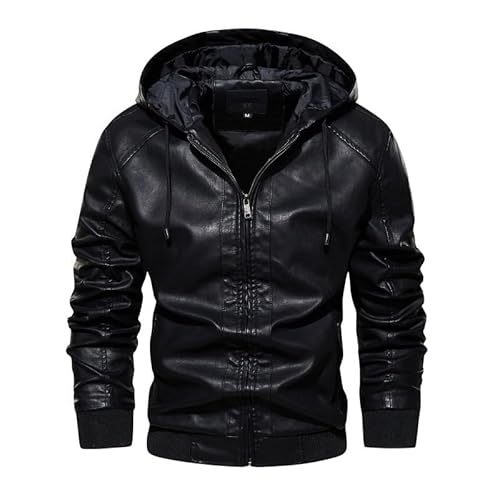 DHDHWL Casual Mit Kapuze Leder Jacke Männer Herbst Motorrad Pu Leder Jacken Winddicht Windjacke Zipper Mode Mantel (Color : Schwarz, Size : M) von DHDHWL