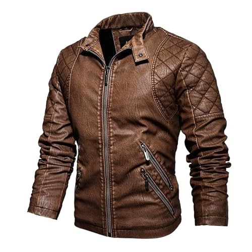 DHDHWL Herren Leder Slim Stehkragen Motorrad PU Lederjacke Plus Samt Retro Herbst und Winter Lederjacke (Color : GELB, Size : 4XL) von DHDHWL