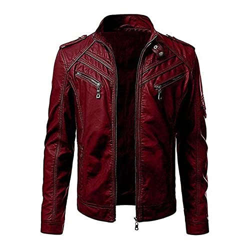 DHDHWL Lederjacke Herren Herren Lederjacke Lässig Mode Stehkragen Motorradjacke Männer Slim Pu. Ledermäntel schwarz/rot (Color : Rot, Size : L) von DHDHWL