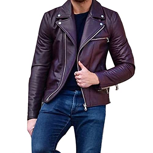 DHDHWL Lederjacke Herren Jacke Mode Herbst Winter Männer Leder Langarm Langarm Revers Kleidung Casual Lose Männchen Fit Motorradjacke Mantel mit Reißverschluss (Color : Lila, Size : M) von DHDHWL