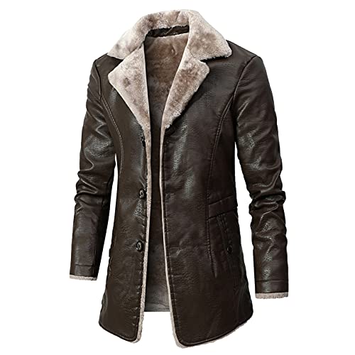 DHDHWL Lederjacke Herren Lange Lederjacken Herren Herbst Winter Revers Dicke Fleece Casual Vintage Faux Jacke Männliche Outwear Overcoat Männer Pu. Ledermäntel. (Color : Coffee, Size : M) von DHDHWL