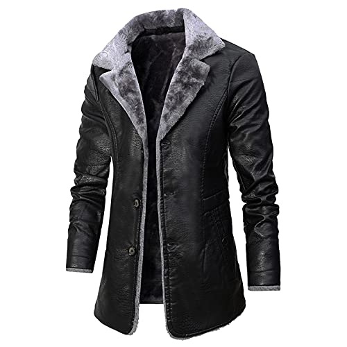 DHDHWL Lederjacke Herren Lange Lederjacken Herren Herbst Winter Revers Dicke Fleece Casual Vintage Faux Jacke Männliche Outwear Overcoat Männer Pu. Ledermäntel. (Color : Schwarz, Size : S) von DHDHWL