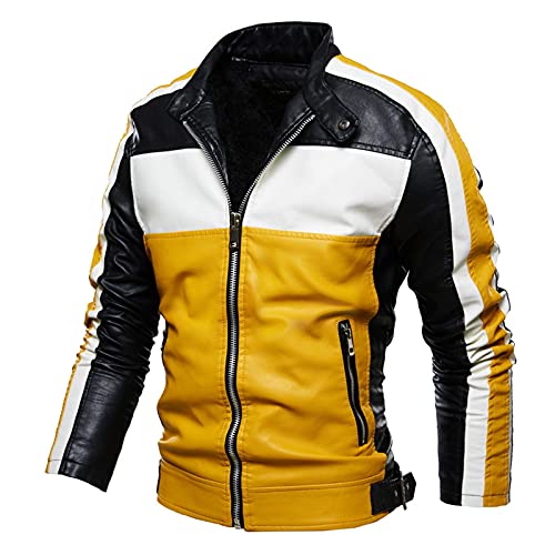 DHDHWL Lederjacke Herren Männer Lederjacke Biker Jacke Casual Slim Fit Pelz gesäumt Outwear Patchwork Zipper Mantel Männer Motorradjacke (Color : GELB, Size : L) von DHDHWL